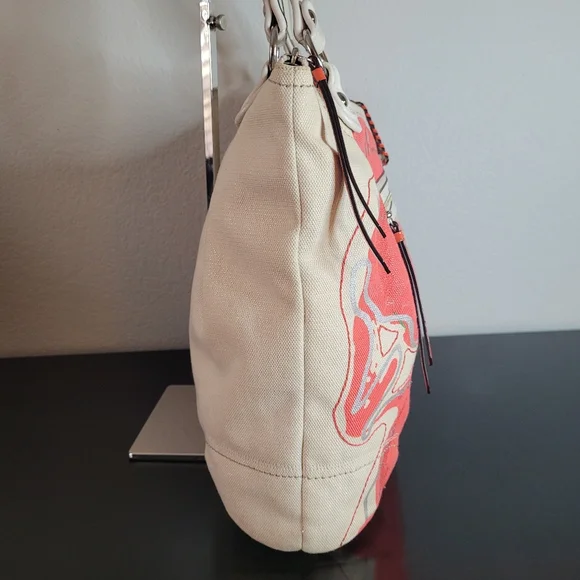 Coach Poppy Signature Coral Ivory Canvas Sequin Glam Shoulder Bag - Picture 9 of 16